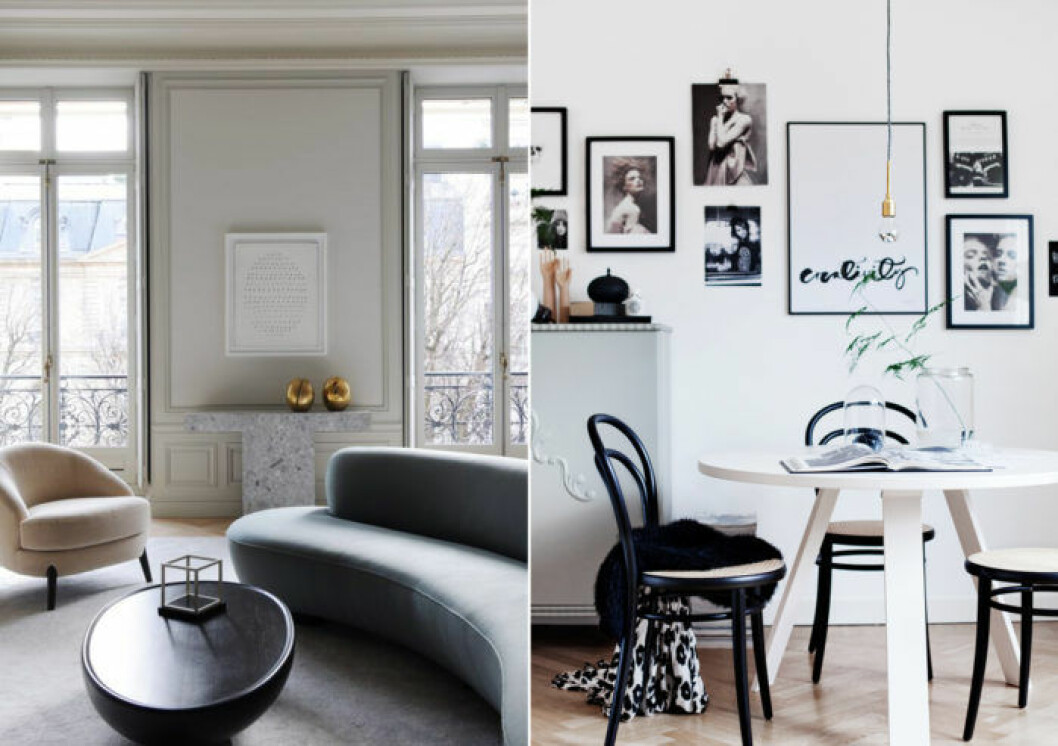 Foto: <a href="http://www.josephdirand.com/realisations/montaigne" target="_blank" rel="noopener">Joseph Dirand</a> / <a href="https://www.rum21.se/sv/artiklar/no-14-stol-svart_rotting.html" target="_blank" rel="noopener">Rum21</a> Tavelvägg, bågformad soffa