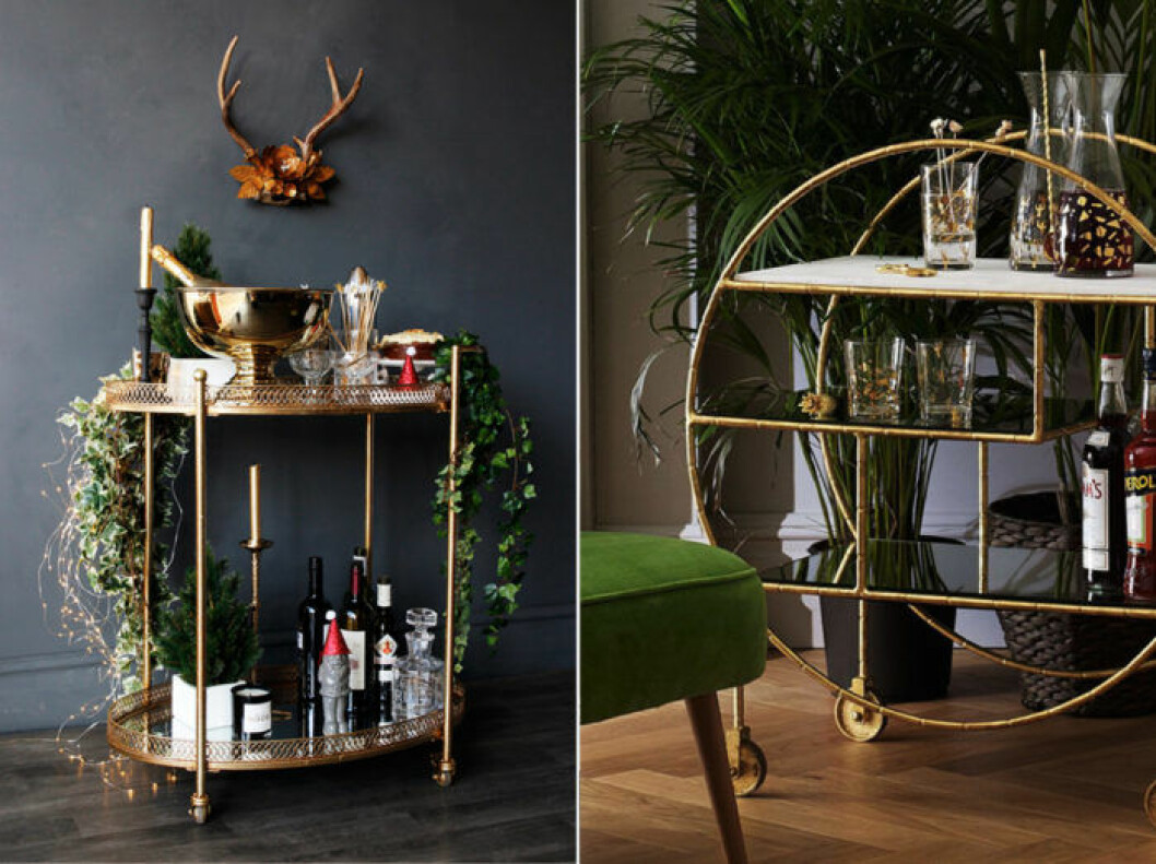 Foto: <a href="https://www.rockettstgeorge.co.uk/new/all-new/antique-style-gold-metal-drinks-trolley.html" target="_blank" rel="noopener">Rockett St George</a> / <a href="https://www.oliverbonas.com/" target="_blank" rel="noopener">Olivier Bonas</a> Fyll på med jul- och nyårsdrycker.