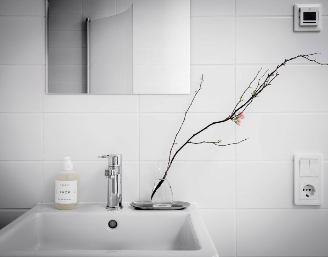 Foto: Anders Bergstedt Styling: Team Sarah Widman för <a href="https://www.instagram.com/alvhem/" target="_blank" rel="noopener">Alvhem</a>/mäklare: Sofia Vansvik Magnoliakvist i en enkel vas i badrummet