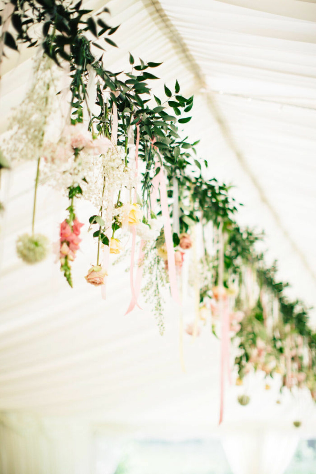 Foto via: <a href="http://www.lovemydress.net/blog/2015/09/suzanne-neville-vintage-railway-station-wedding.html" target="_blank" rel="noopener">Love my dress</a> Blomstergirlang i taket på tältet, detaljer för bröllop.