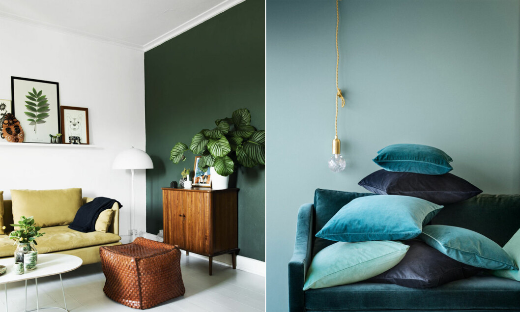 Via: <a href="http://www.inspiration-maison.be/pratique-diy/fiches-maisondeco/peindre-soi-meme-pour-un-resultat-de-pro.html" target="_blank" rel="noopener">Inspiration Maison</a> / Foto: <a href="http://www.hm.com/se/department/HOME?gclid=CjwKEAjw3Nq9BRCw8OD6s4eI5HASJABsfCIa_Y5_AwrvZT4DTYksAOvUclZZqKm1k_G6t3BimkRgOhoCYWvw_wcB" target="_blank" rel="noopener">H&M Home</a> Gul soffa och turkosa sammetskuddar