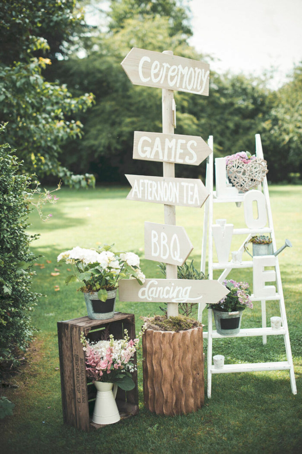 Foto via: <a href="https://whimsicalwonderlandweddings.com/beautiful-summer-garden-party-wedding.html#topanchor" target="_blank" rel="noopener">Whimstical wonderland weddings</a> Skyltar i trädgården, bröllop utomhus, sommarbröllop.
