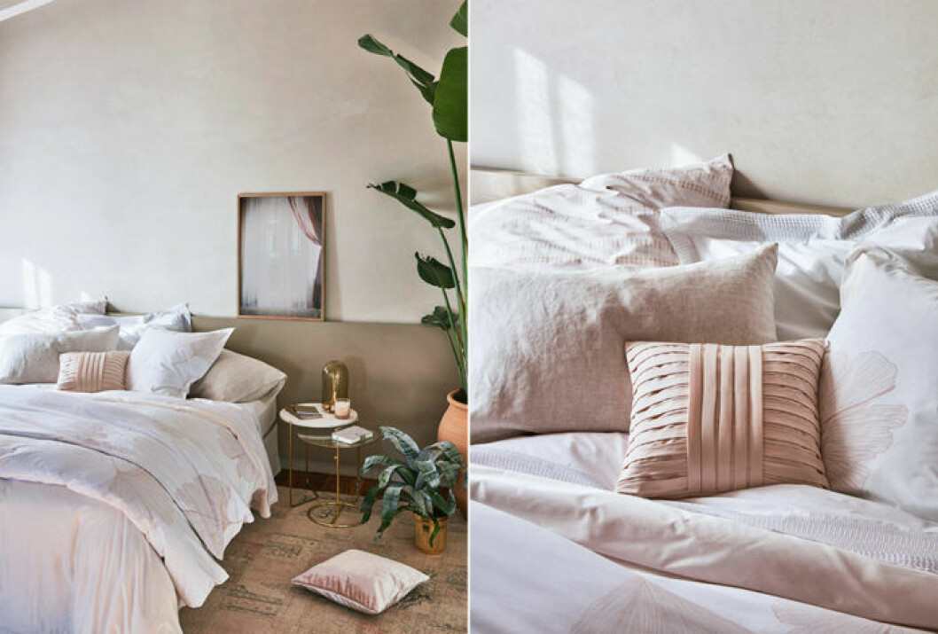 Foto: <a href="https://www.zarahome.com/se/" target="_blank" rel="noopener">Zara Home</a> Sovrum med rosa sängkläder och rosa kuddar. Zara Home våren 2018.