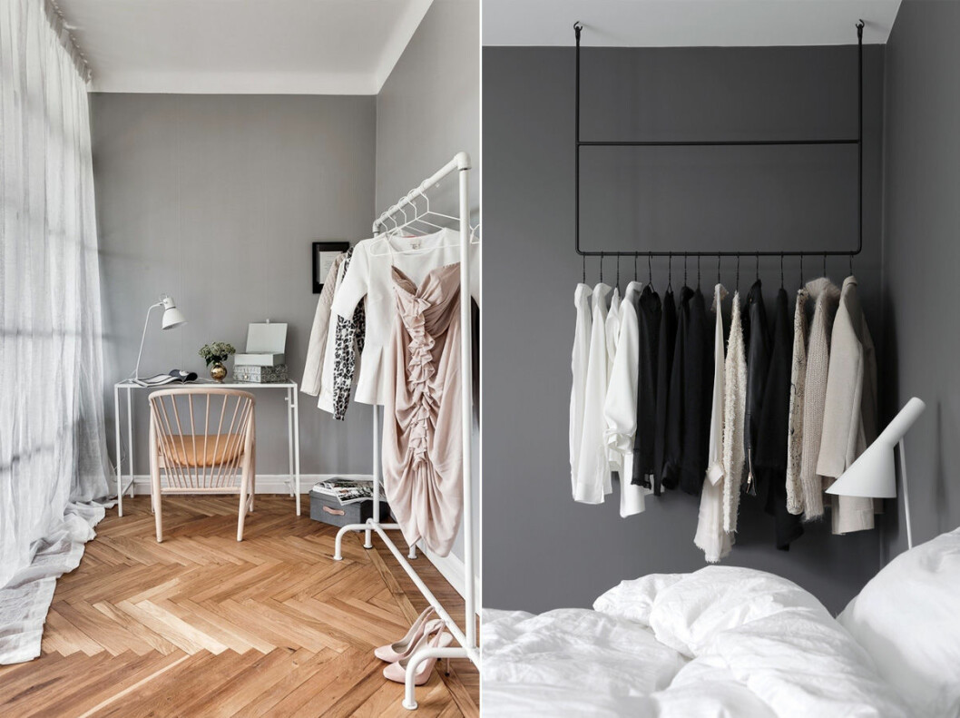 Foto: <a href="https://www.instagram.com/henriknero/" target="_blank" rel="noopener">Henrik Nero</a> för <a href="http://www.stockholmco.se/index.php" target="_blank" rel="noopener">Stockholm & Co Fastighetsförmedling</a>/mäklare Nitasha Chander / Nina Holst/<a href="https://stylizimoblog.com/2016/08/22/clothing-rail/" target="_blank" rel="noopener">Stylizimo</a> Klädstång med takfäste
