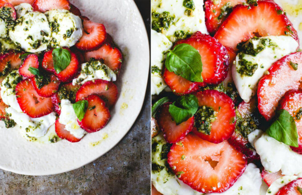 Foto: <a href="http://heartbeetkitchen.com/2016/recipes/seasonal/summer-seasonal/strawberry-pesto-caprese-salad/" target="_blank" rel="noopener">Heartbeet kitchen</a>