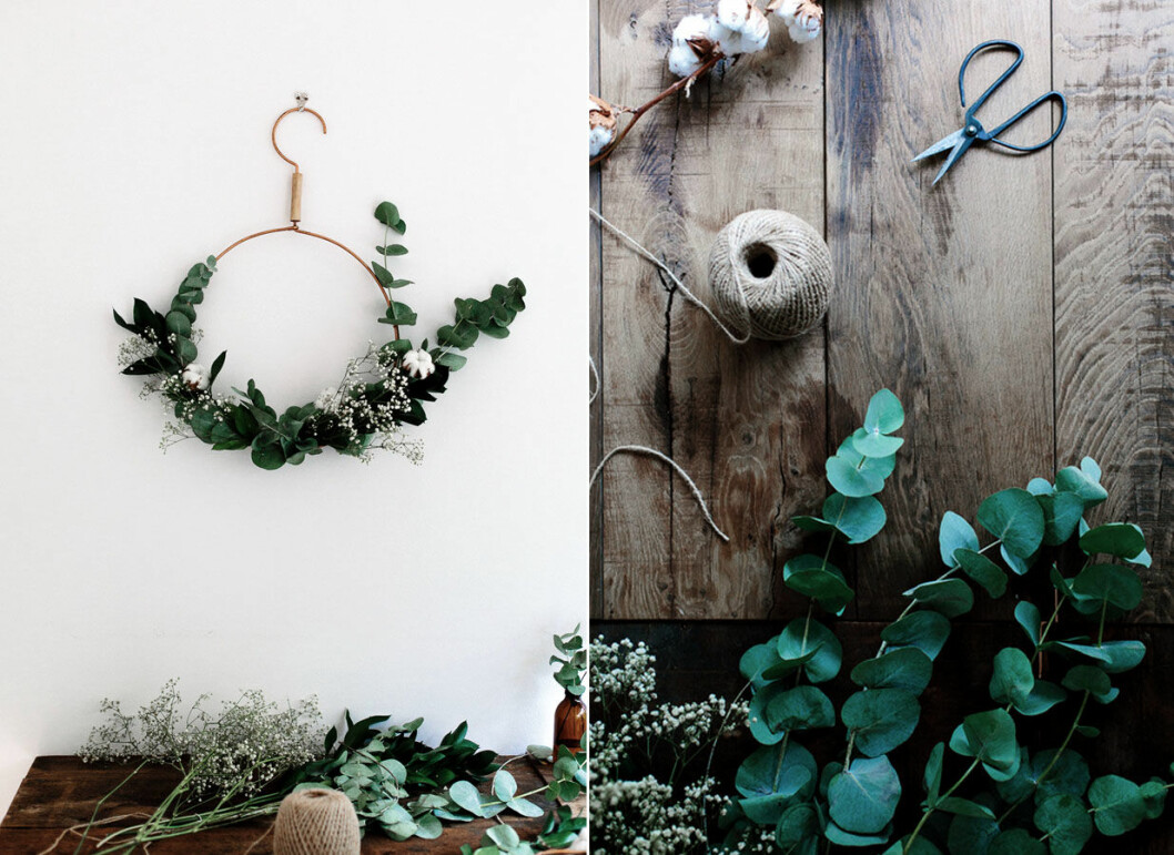 Foto: <a href="http://www.freckleandwulff.com/blog/2015/10/19/wreath-making" target="_blank" rel="noopener">Freckle and wulff</a> Kransar gjorda av eukalyptus