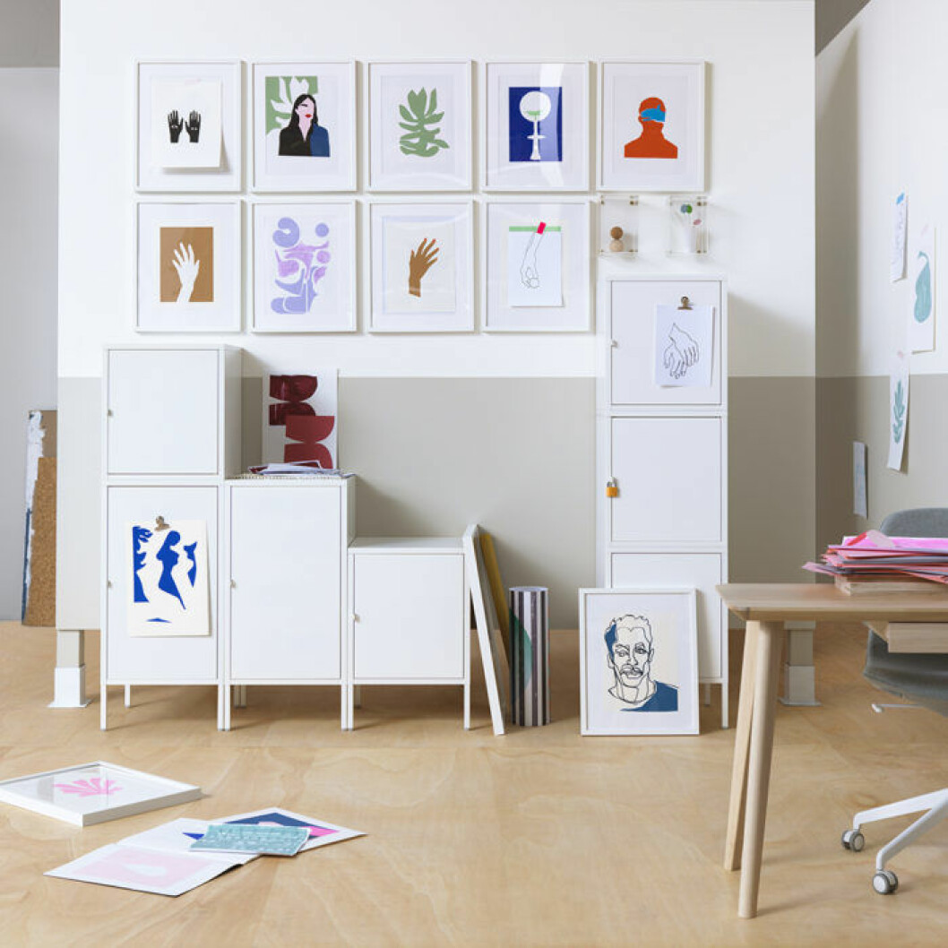 Skåp <em>Hällan</em> i olika storlekar, 400 kronor samt 450 kronor, ben 99 kronor. Skåp från Ikea.
