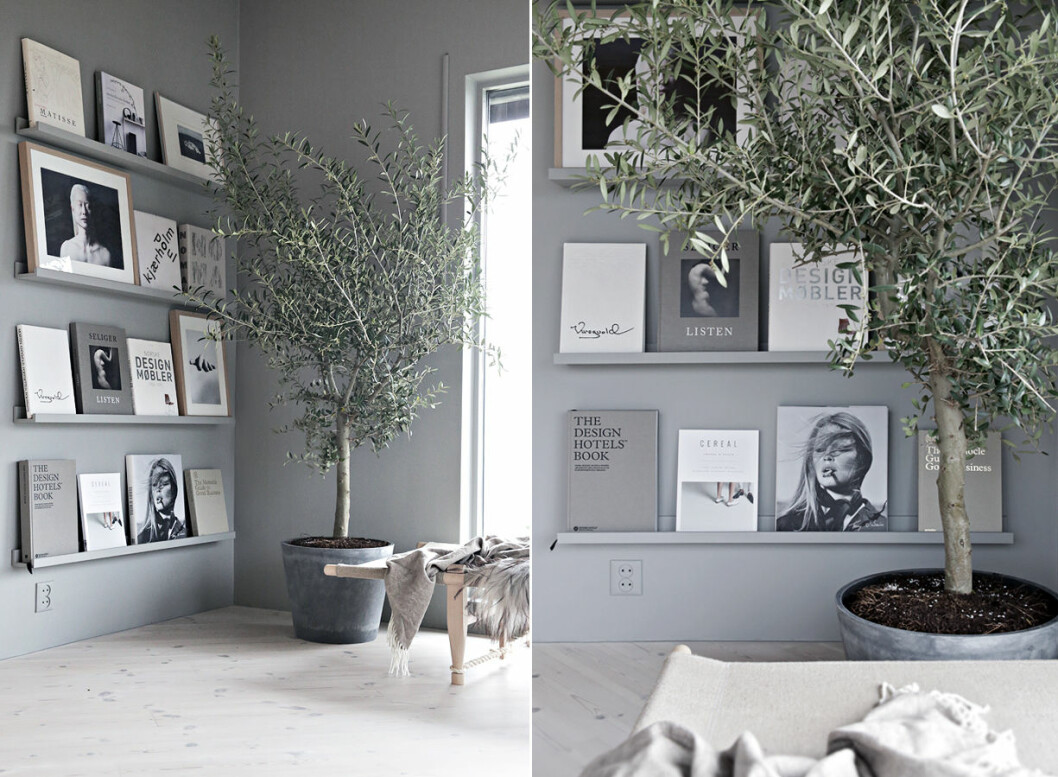 Foto: Nina Holst/<a href="http://stylizimoblog.com/2016/08/15/grey-book-wall/" target="_blank" rel="noopener">Stylizimo</a> Matcha tapet och möbler.