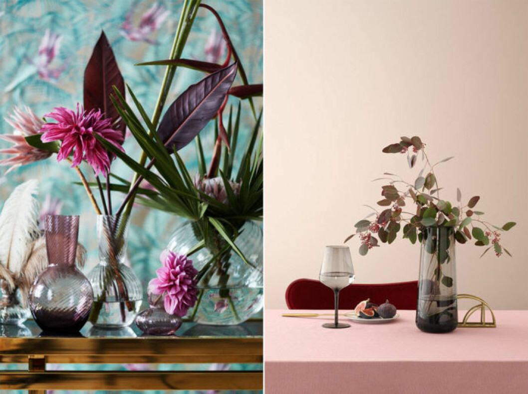 Foto: <a href="http://www2.hm.com/sv_se/home.html" target="_blank" rel="noopener">H&M Home</a> Tonade vaser och tonat vinglas. H&M Home 2018.