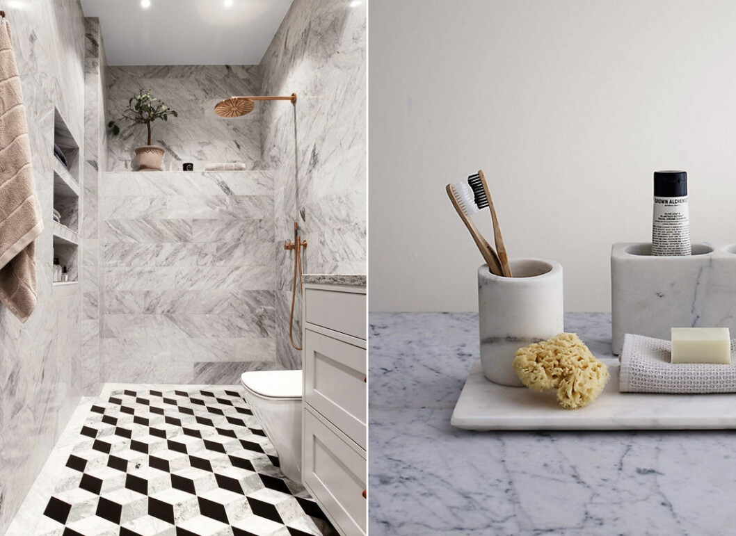 Foto: Philip McCann Styling: Christina Boutza för Nestor/mäklare: Erik Bysell / <a href="https://www.johnlewis.com/john-lewis-white-marble-bathroom-accessories-tray/p1866080#media-overlay_show" target="_blank" rel="noopener">John Lewis</a> Badrum med marmor bidrar till lyxig känsla