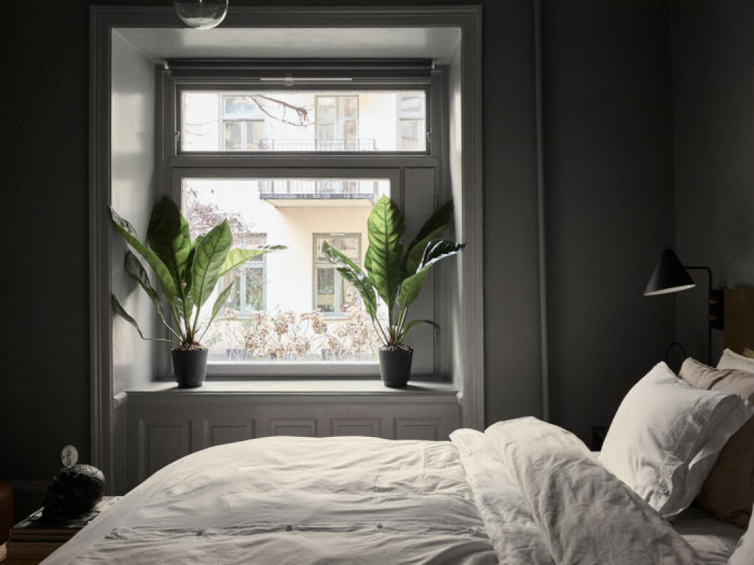 Mörkmålade mörkgrå väggar i sovrummet, Mole's breath, från Farrow & ball. Svart sänglampa på väggen.