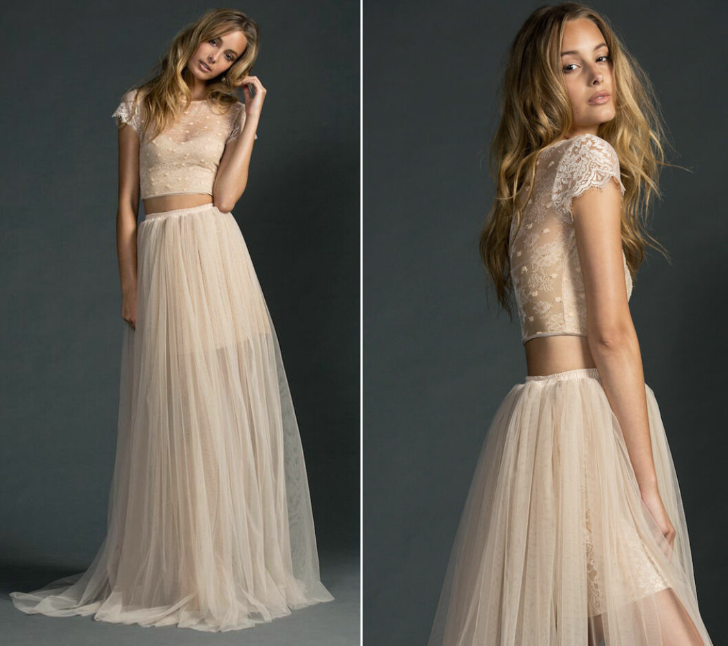 Foto: <a href="https://graceloveslace.com.au/shop/francesca/" target="_blank" rel="noopener">Grace loves lace</a> Tvådelad beige brudklänning