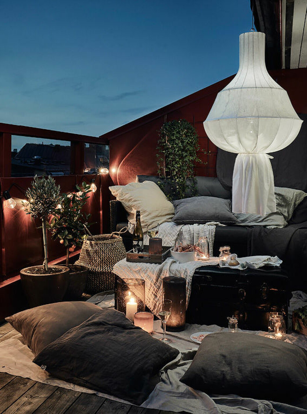 Cosy scandinavian balcony in the summer. Nightsky.
