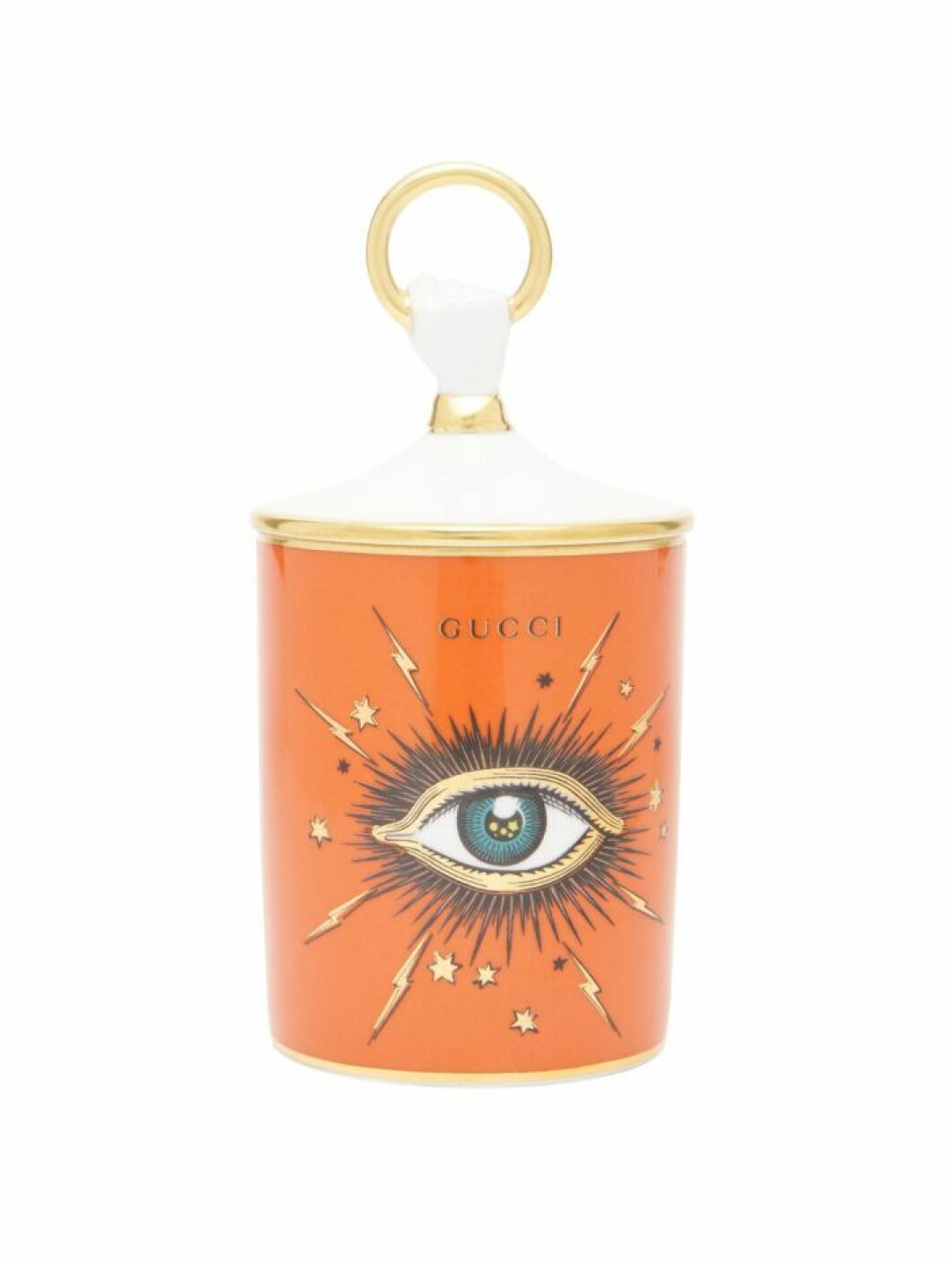 Lyxigt doftljus med en ikonisk ögonsymbol och vackert uttryck i orange från Gucci.