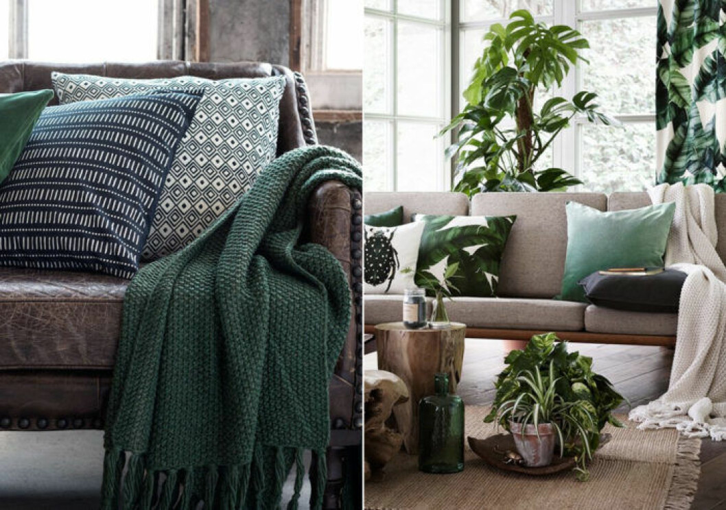 Foto: <a href="http://www.hm.com/se/department/HOME" target="_blank" rel="noopener">H&M Home</a> Grön filt, gröna kuddar