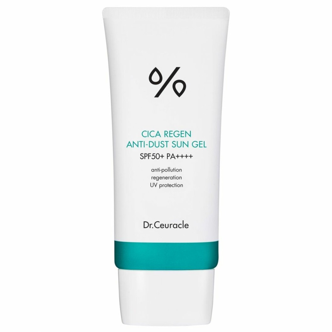 Dr. Ceuracle <em>Cica regen anti dust sun gel spf 50</em> är perfekt för den som är solkänslig. Dr. Ceuracle Cica regen anti dust sun gel spf 50