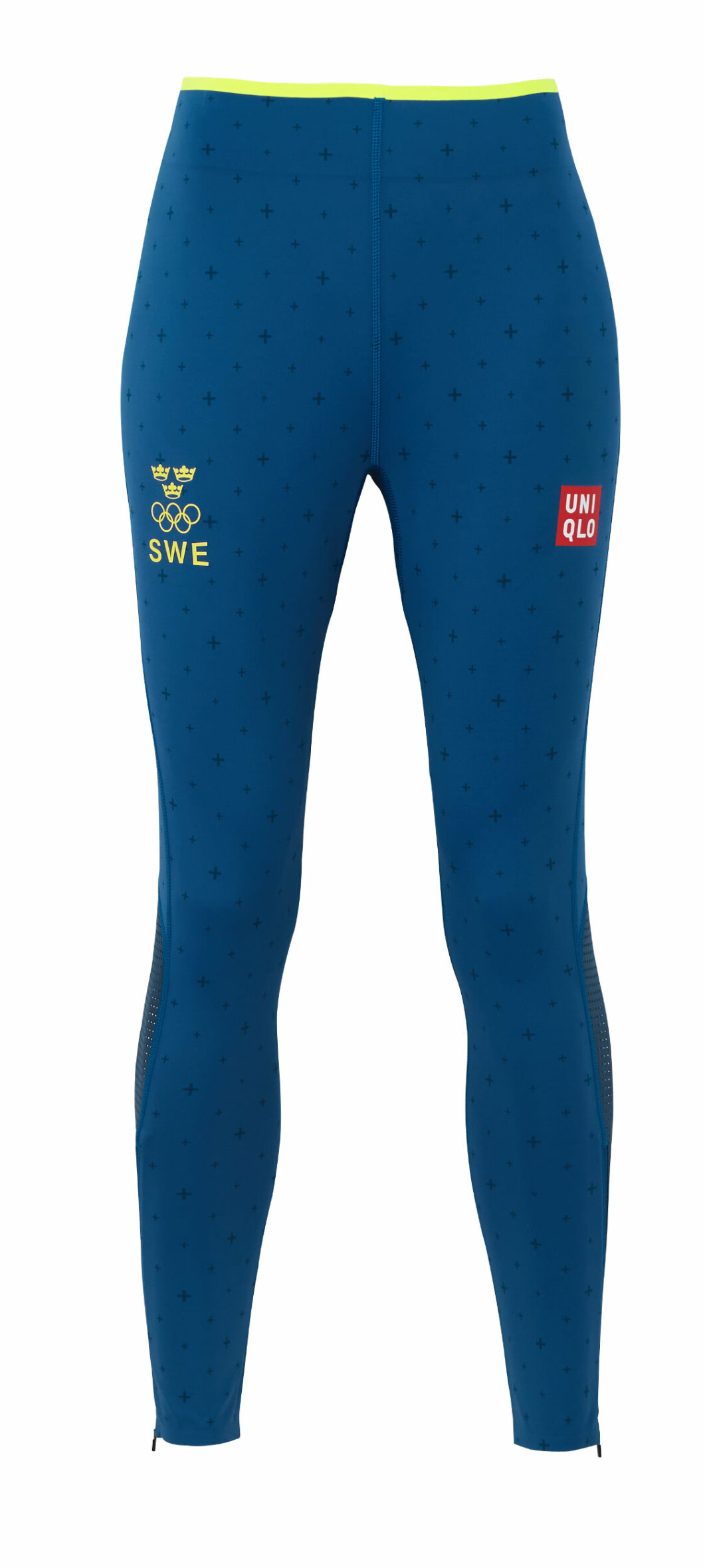 Blå träningsleggings med gula sömmar. Uniqlo för OS i Tokyo.