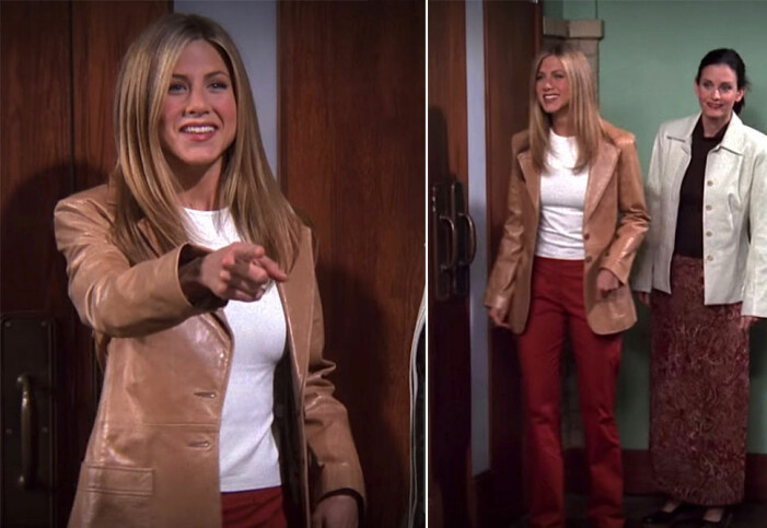 Rachel Green i en brun skinnkavaj