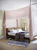 White bedroom, bed with leather tan upholstered cushion headboard, canopy in pastel pink lace linen, grey throw blanket with yellow piping, yellow fern wallpaper, sisal flooring, Persian pattern cowhide rug, valet L etc 04/2013 pub orig