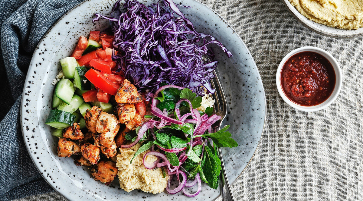 Kycklingkebab-bowl med hummus och lök­sallad