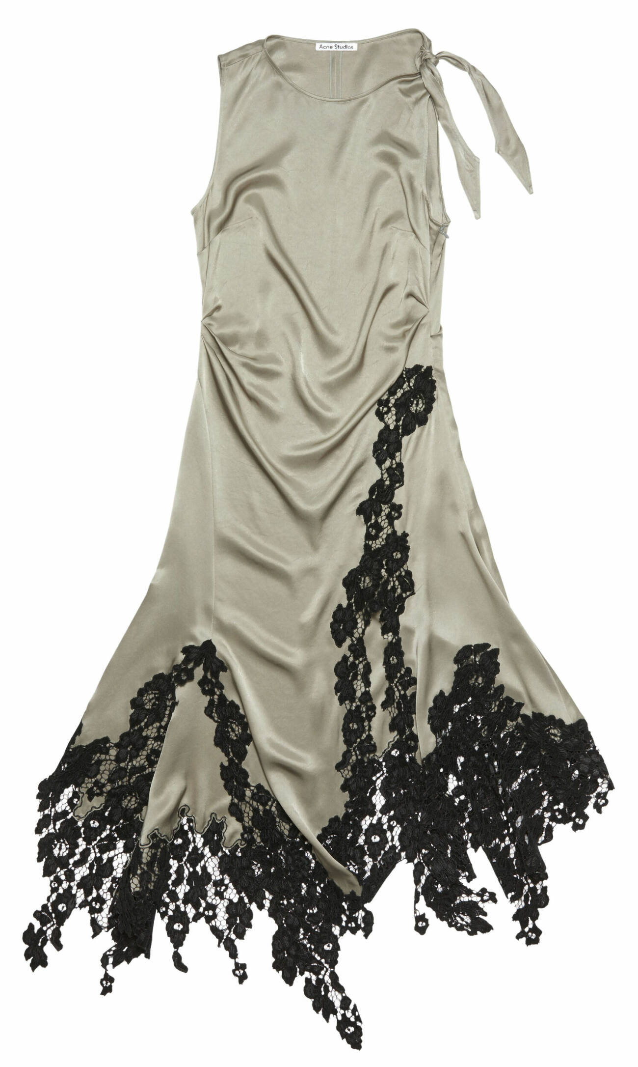 Ljusgrå sidenklänning med svart spetsdekorativ, Acne Studios