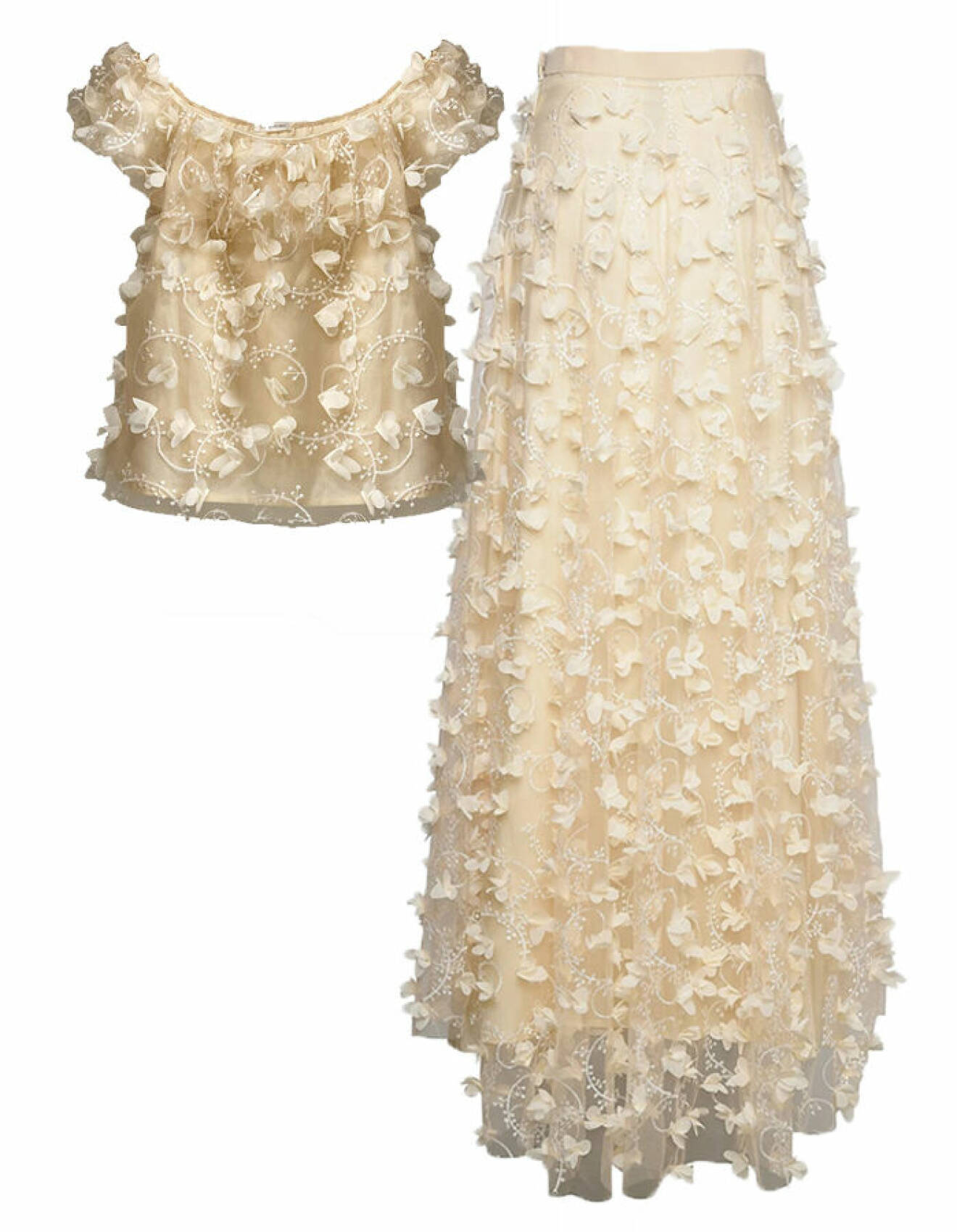 Ida Sjöstedt Fairy Top och Dahlia Skirt – tvådelad brudklänning med topp och kjol med blommor i 3D 2022