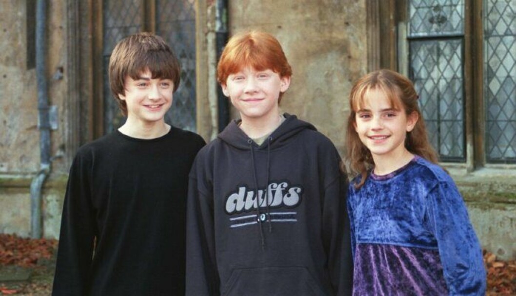 Daniel Radcliffe, Rupert Grint och Emma Watson i Harry Potter, som barn år 2001