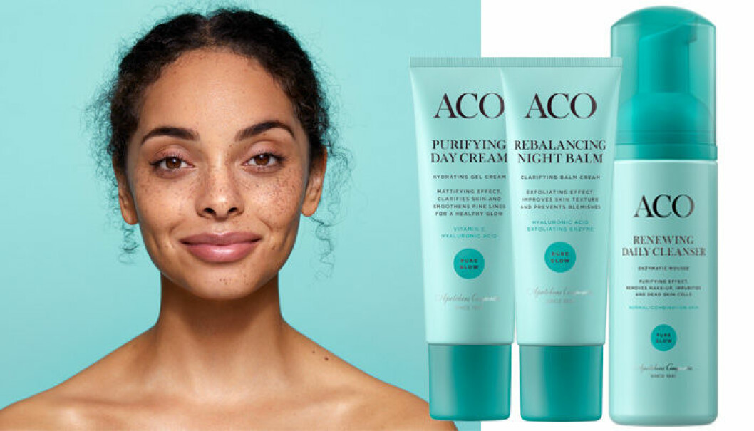 ACOs nya serie Pure Glow består av tre produkter; Purifying Day Cream, Rebalancing Night Balm och Renewing Daily Cleanser. ACO