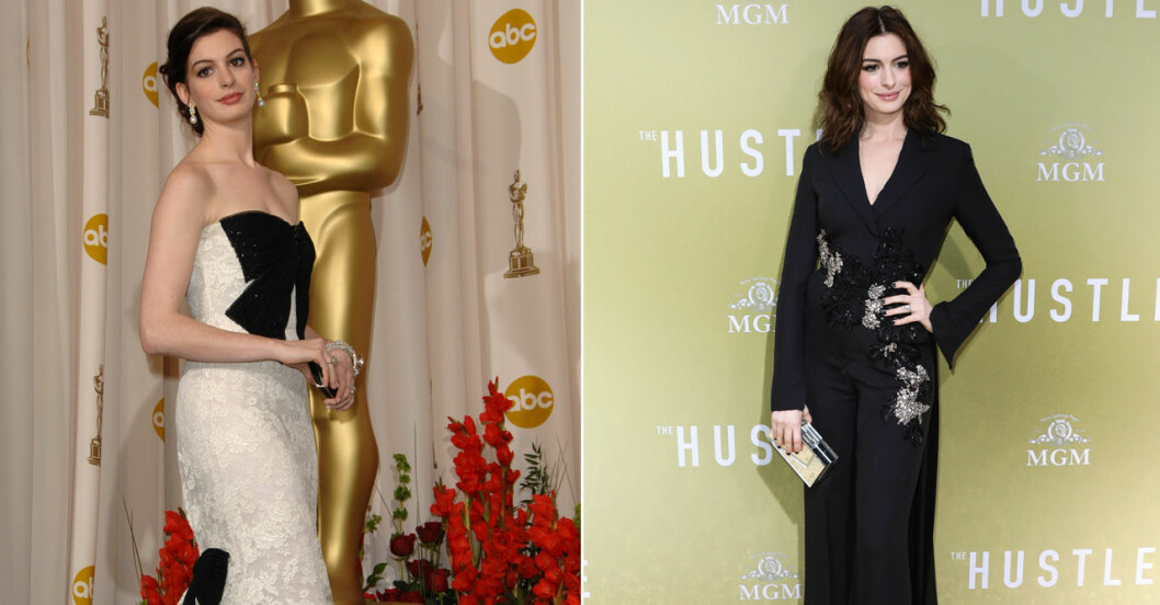 Anne Hathaway glänste på röda mattan 2007 (t.v.). År 2020 likaså. Anne Hathaway på röda mattan