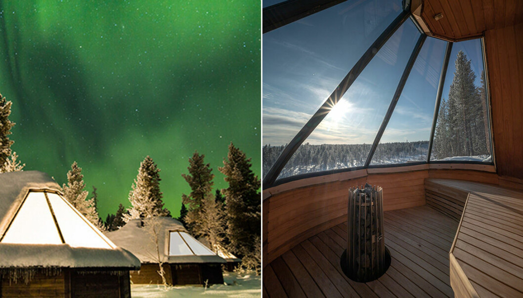 igloo med norrsken och bastu