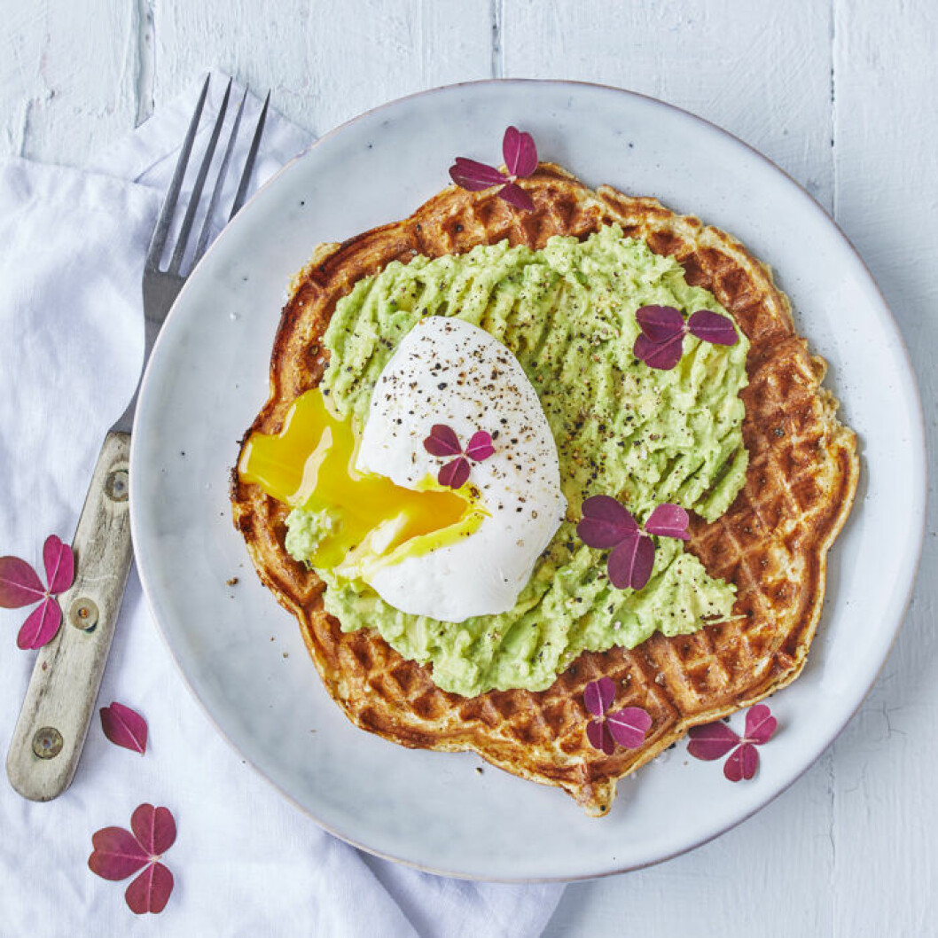 Avokado- och våffeltoast med pocherat ägg. Avokado- och våffeltoast med pocherat ägg.