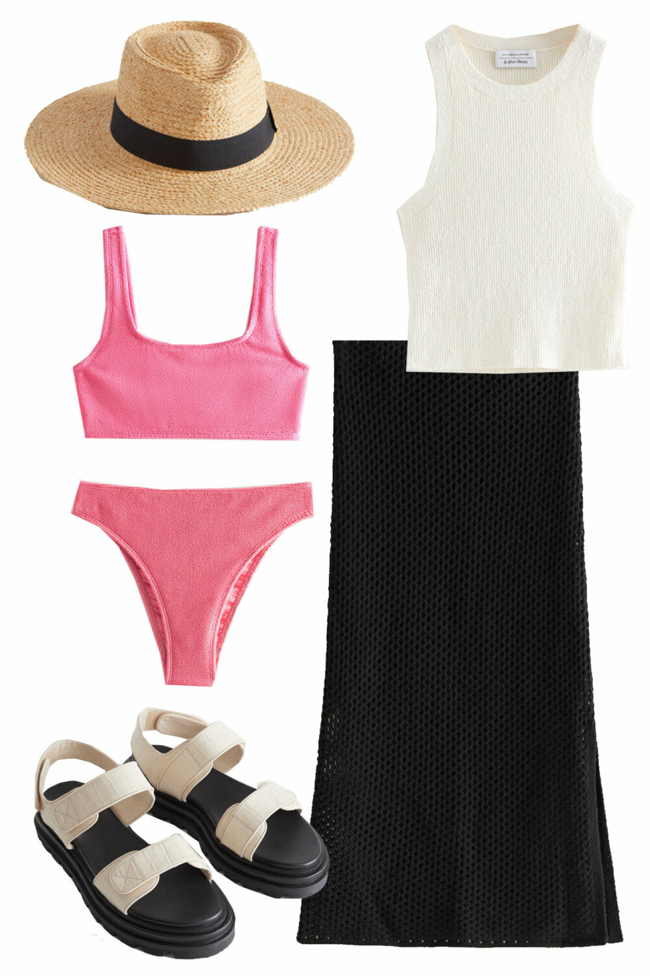 badmode 2022 – rosa bikini med stråhatt, sidenlinne, sandaler och virkad kjol från &amp; Other Stories