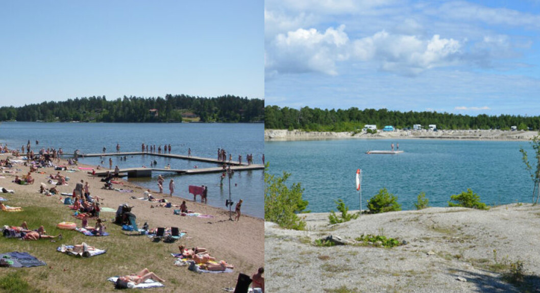 Två av Stockholms bästa badplatser. Till höger Blå Lagunen på Ekerö och till vänster Grisslinge havsbad. Stockholms bästa badplatser
