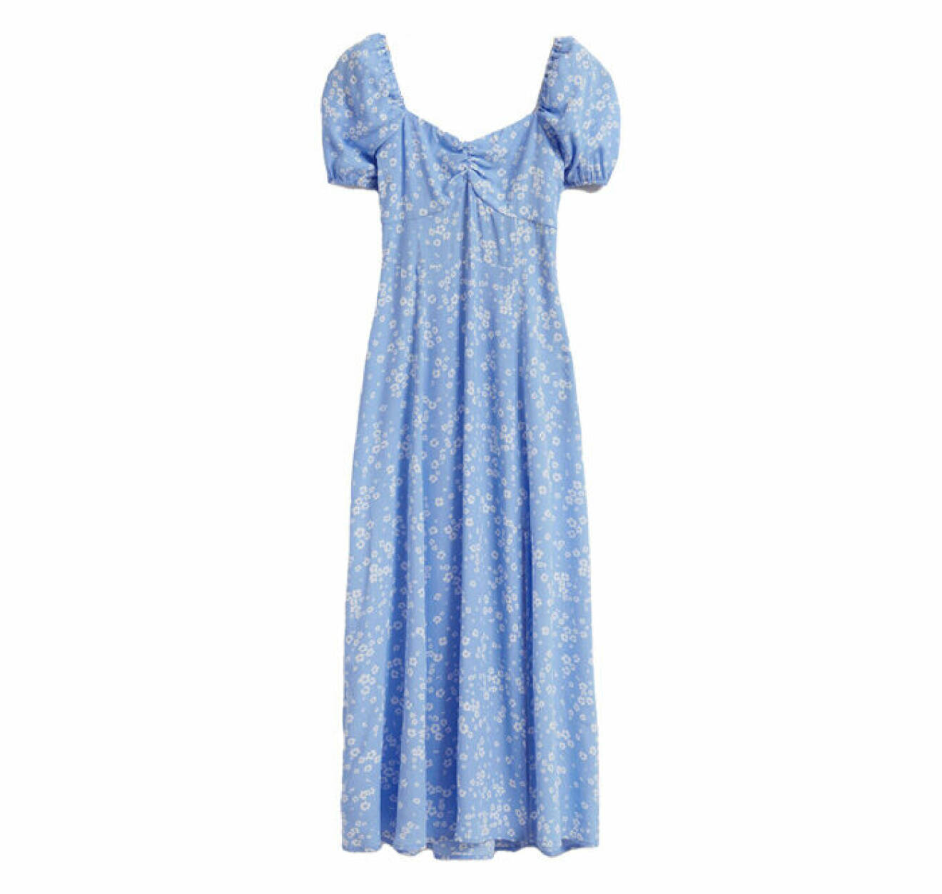 blommig klänning i blå nyans med figurnära passform och puffärmar från &amp; Other Stories