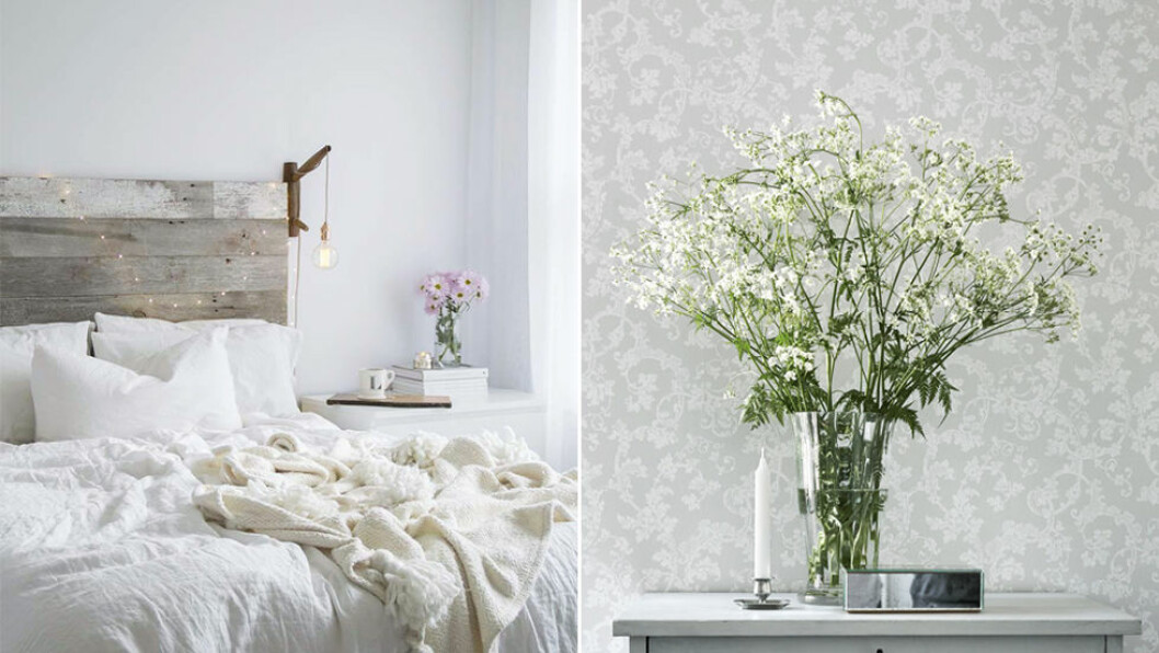 Foto via: <a href="https://homedeco.nl/blog/10x-de-mooiste-all-white-slaapkamers/" target="_blank" rel="noopener">Homedeco</a> / Boråstapeter Snittblommor i sovrummet