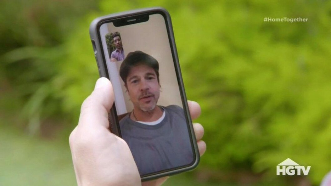 Brad Pitt under karantän. Brad Pitt dyker upp på en telefonskärm
