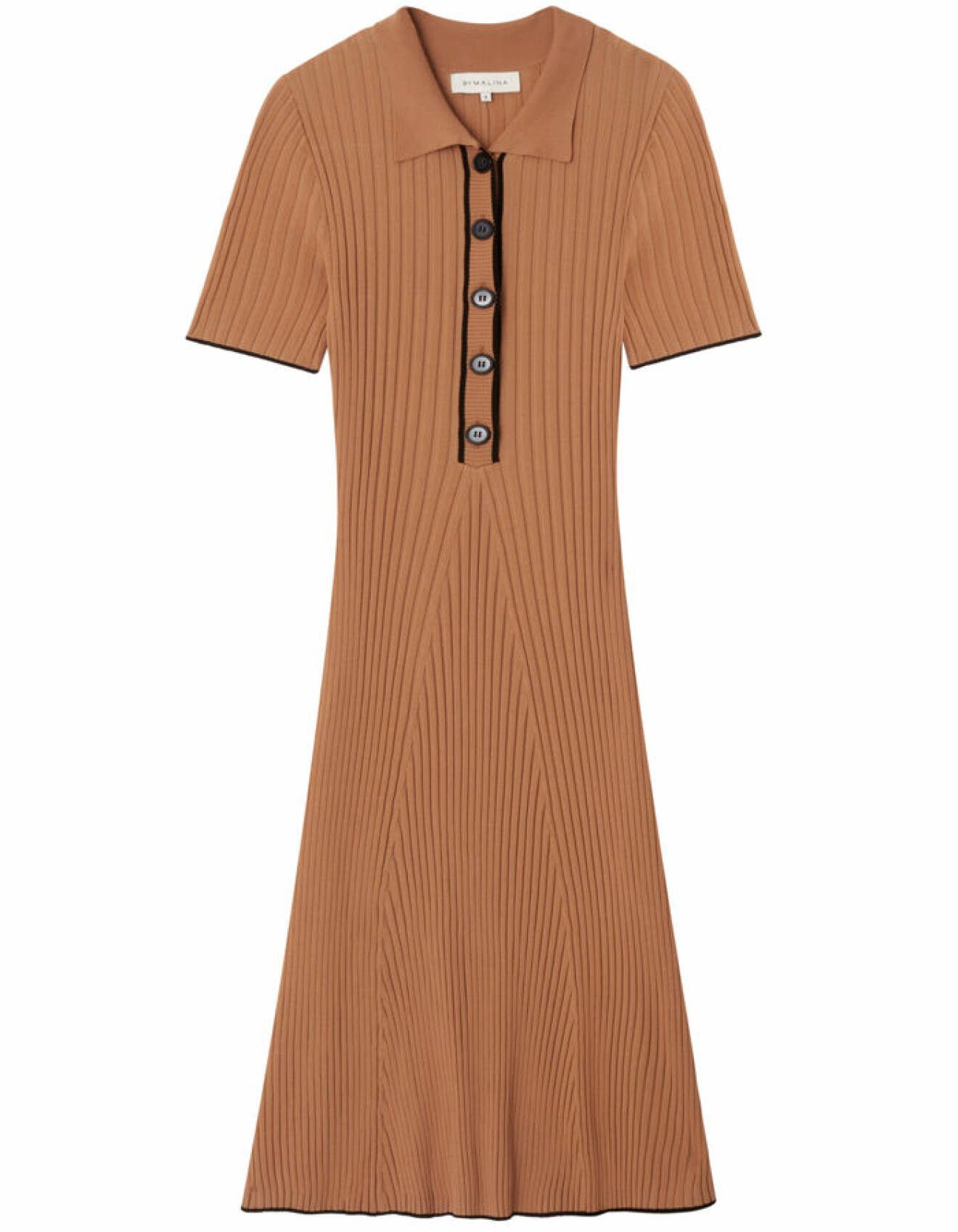 brun ribbad stickad klänning med knappar, By Malina
