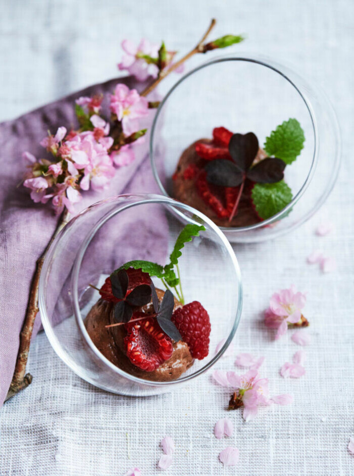 Recept på chokladkräm med olivolja, hallon och flingsalt