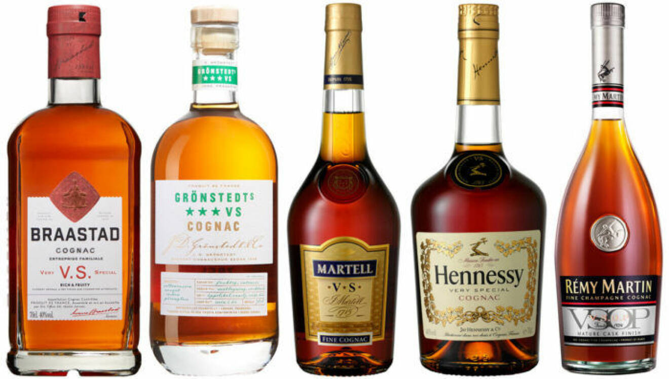 Fem vanliga cognacsorter.