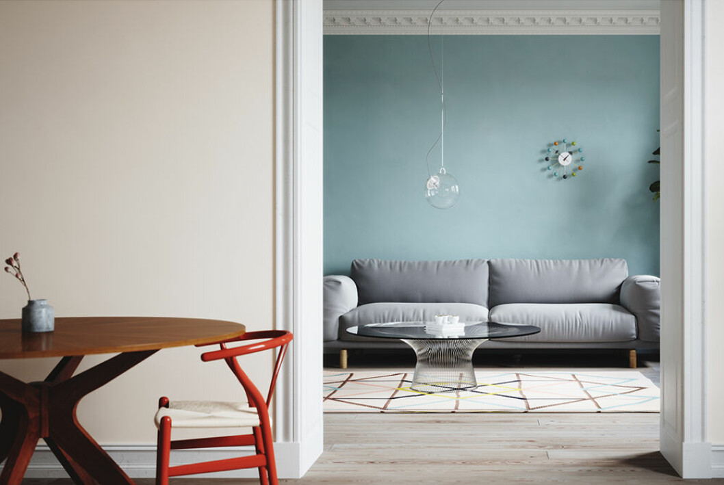 väggar målade i blått och beige med cover story paint miljövänlig väggfärg