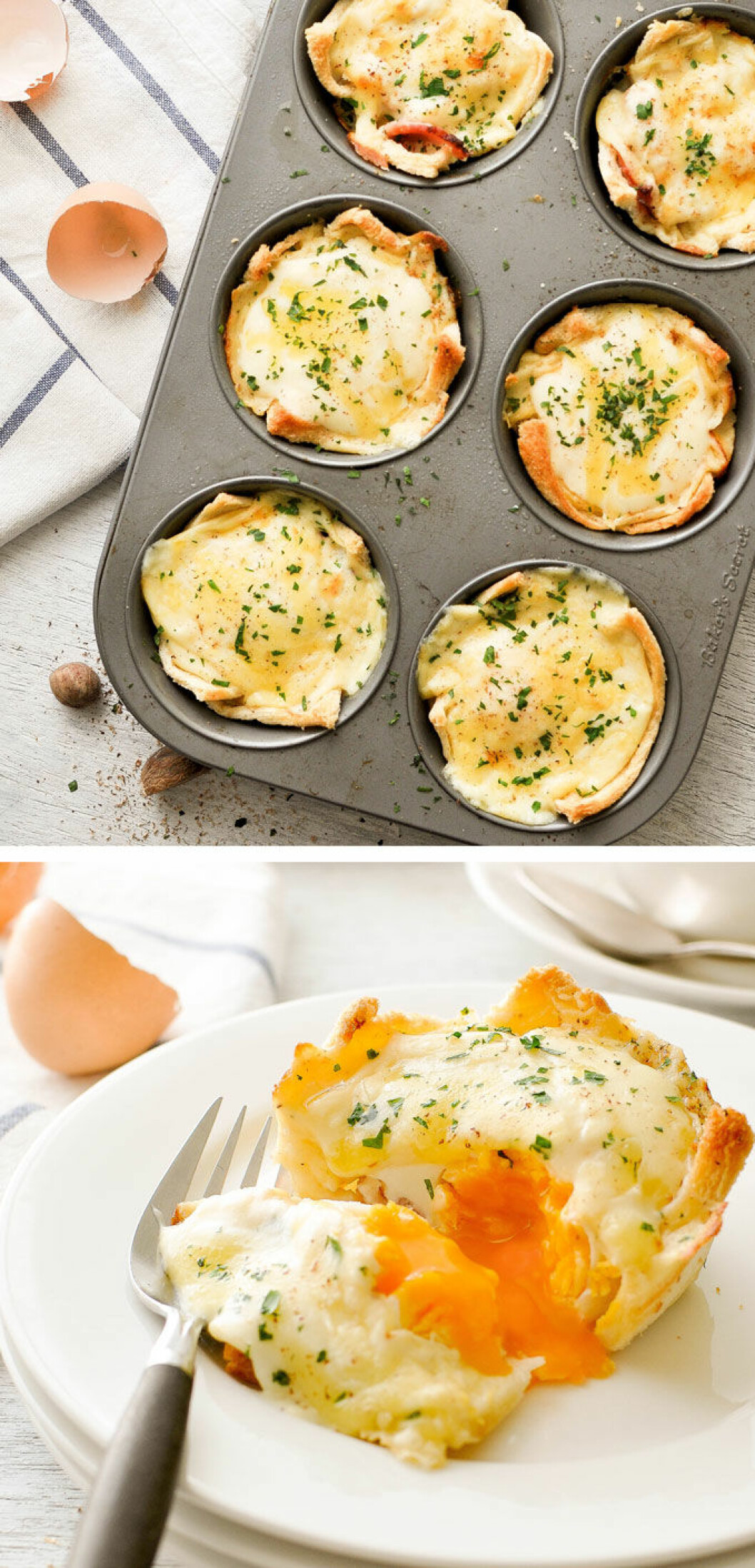 Croque Madame i muffinform. Bild och recept: <a href="http://www.recipetineats.com/croque-madame-toastie-cups-ham-egg-cheese-sauce/" target="_blank" rel="noopener">www.recipetineats.com</a> Croque Madame i muffinform.
