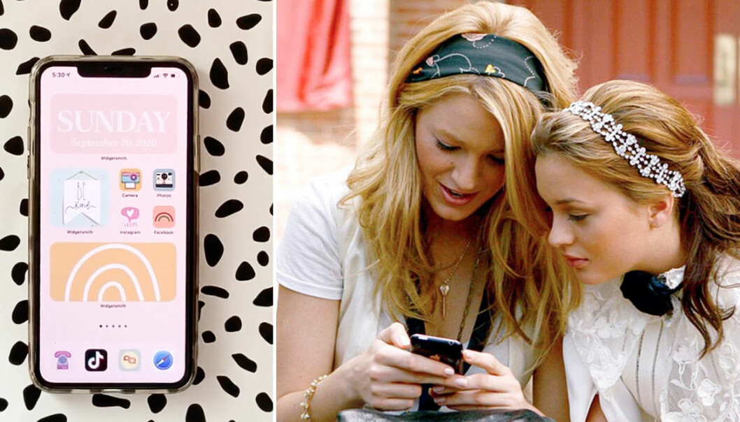 Blake Lively kolla telefonen och bild på snygg skärm