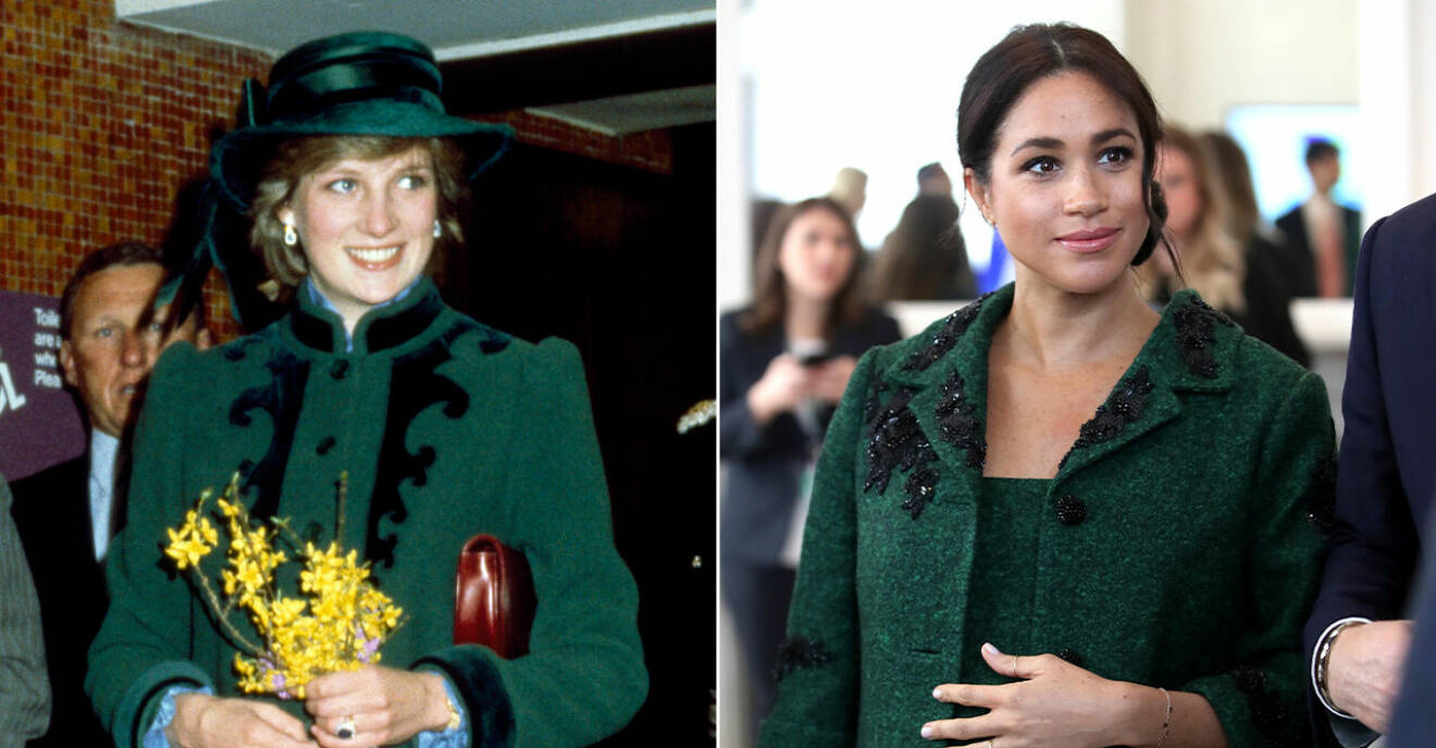 Diana och Meghan i liknande gröna kappor med detaljer.