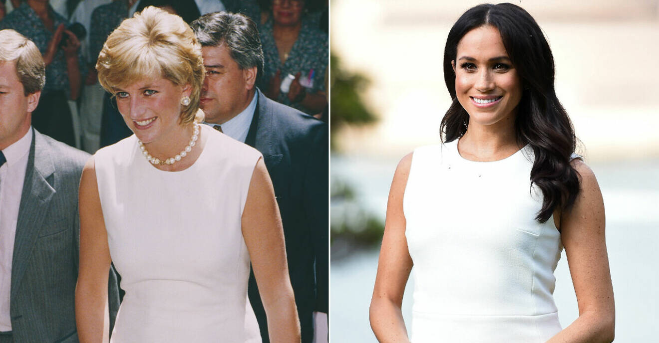 Diana och Meghan i vita klänningar som är lika varandra.