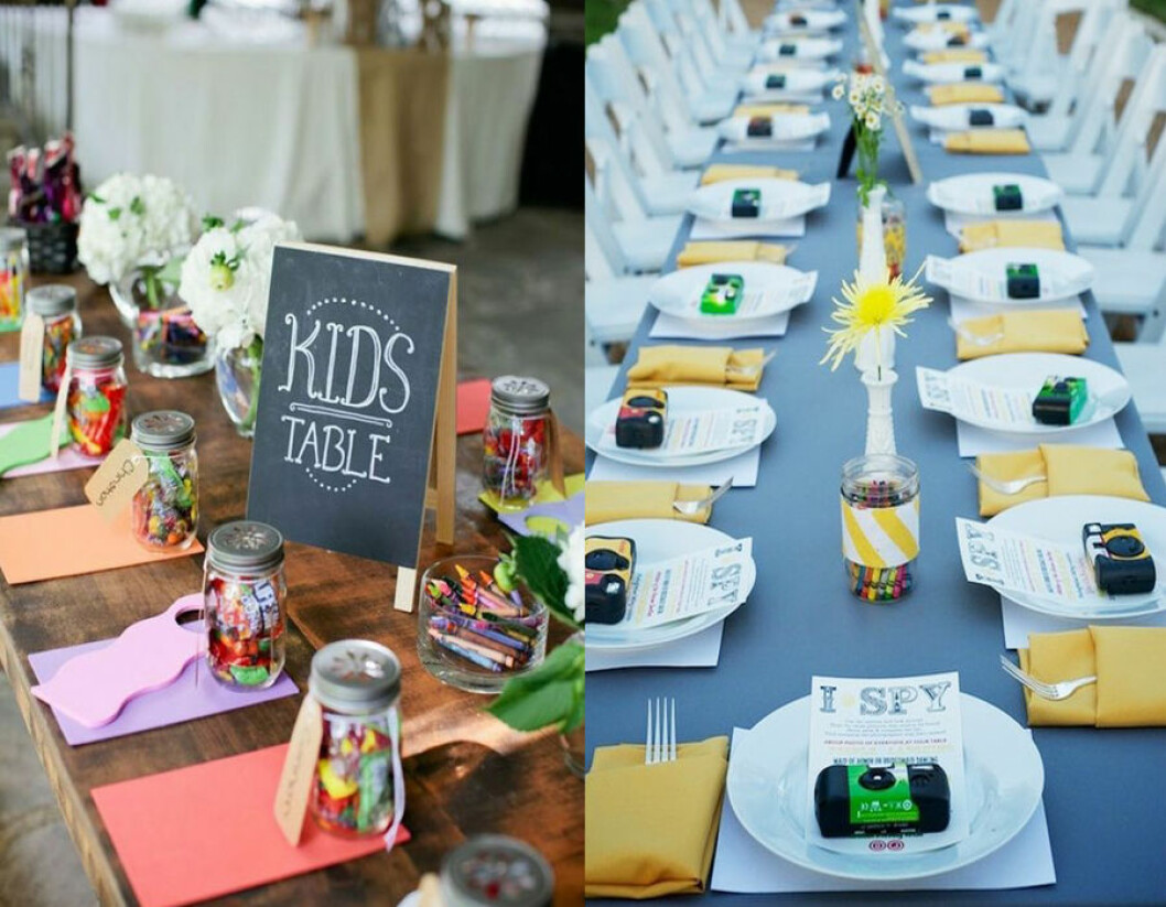 Via: <a href="http://www.colincowieweddings.com/inspiration-and-details/10-impossibly-fun-ways-to-keep-kids-entertained" target="_blank" rel="noopener">colincowieweddings</a> & <a href="http://theweddingring.tumblr.com/image/34664361395" target="_blank" rel="noopener">theweddingring</a> Gör ett roligt barnbord till bröllop.
