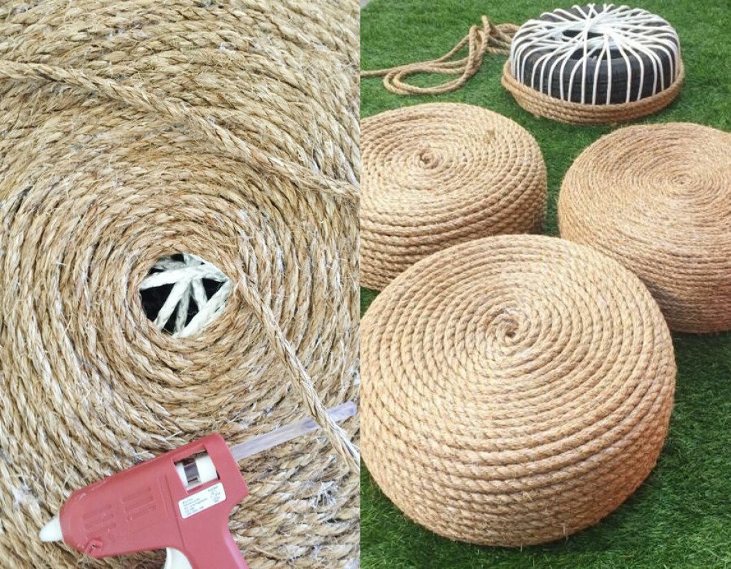 Via: <a href="http://www.stylemepretty.com/living/2015/07/22/diy-rope-ottomans/" target="_blank" rel="noopener">stylemepretty</a> Gör sittpuffar av gamla däck.