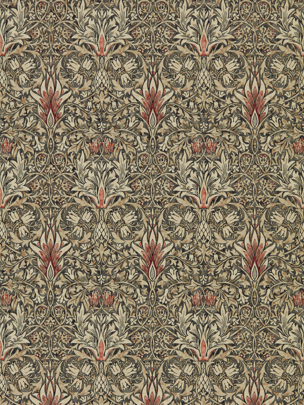 Snakeshead från 1876 lär ha varit ett av William Morris egna favoritmönster. Brun tapet med röda blad