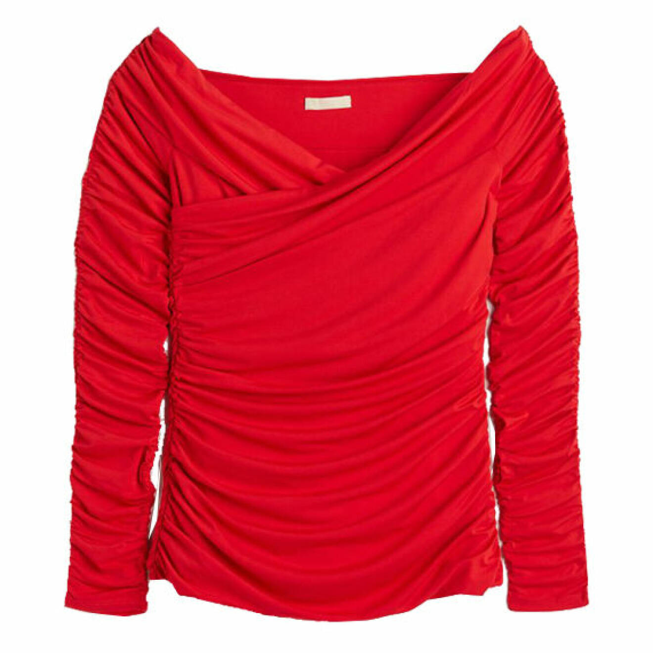 drapering 2022 – röd draperad off shoulder-topp från H&amp;M