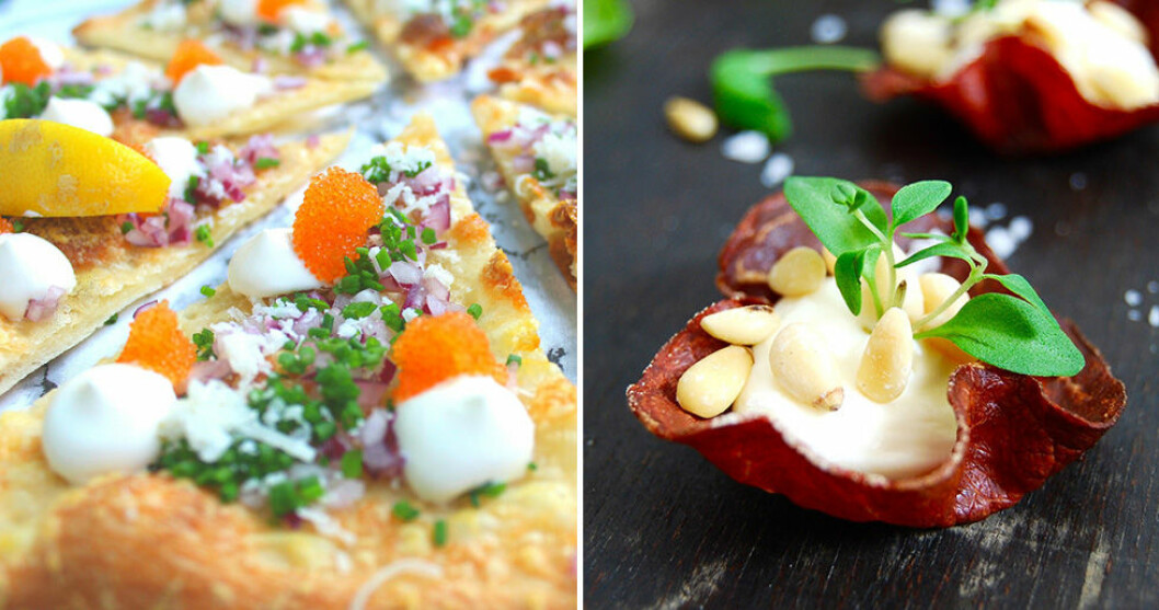 Löjromspizza med creme fraiche och breasolakorgar med chevrekräm. Löjromspizza med creme fraiche och breasolakorgar med chevrekräm.