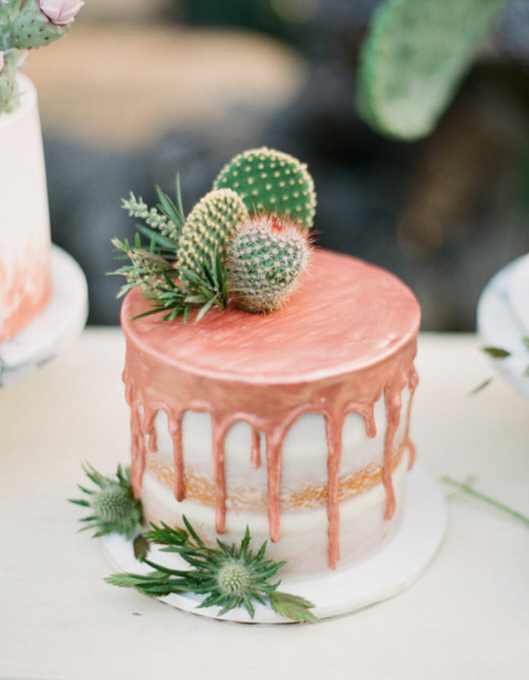 Foto: <a href="http://komanphotography.com" target="_blank" rel="noopener">Koman Photography</a> via <a href="http://www.stylemepretty.com/vault/image/4917315" target="_blank" rel="noopener">Stylemepretty.com</a> Ett fan av suckulenttårtorna? Då kan en metallicskimrande tårta med dekorationskaktusar vara något för din fest.